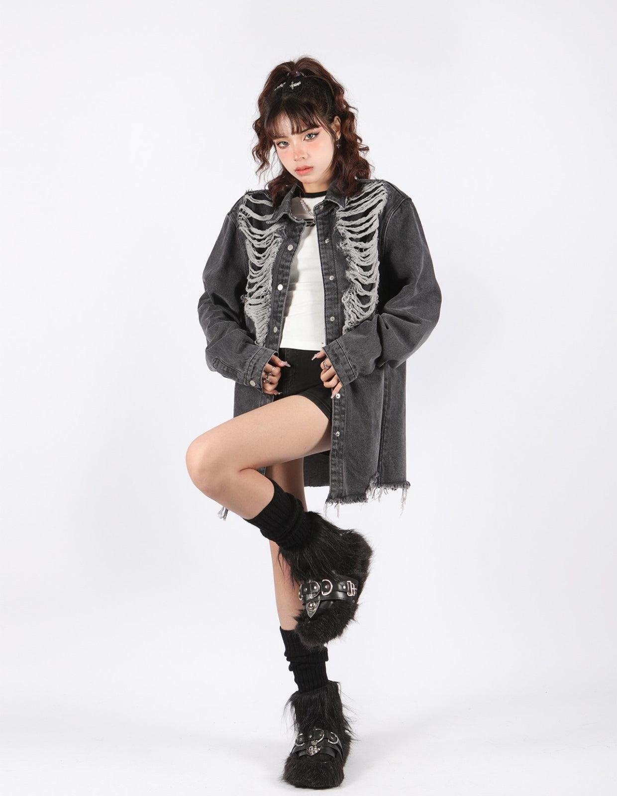 Grunge Distressed Long Denim Jacket – MAUVSTUDIO®