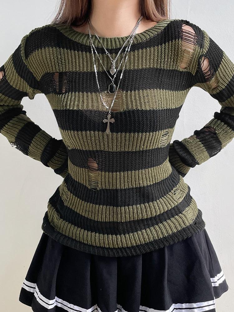 Grunge Distressed Striped Sweater-Mauv Studio