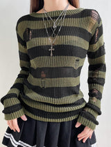 Grunge Distressed Striped Sweater-Green-S-Mauv Studio