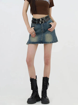 Grunge Double Belt Loop Denim Mini Skirt-Mauv Studio