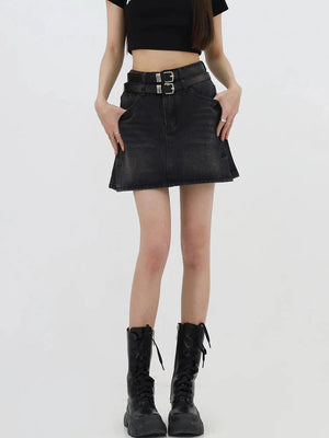 Grunge Double Belt Loop Denim Mini Skirt-Mauv Studio