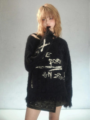 Grunge Fluffy Knitted Sweater-Black-S-Mauv Studio