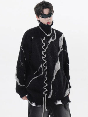Grunge Fluffy Lace Up Sweater-Black-S-Mauv Studio