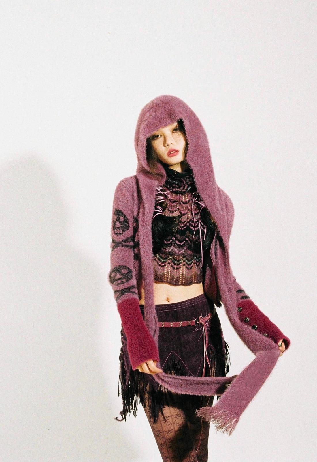 Grunge Gothic Skull Hooded Cardigan-Purple-S-Mauv Studio