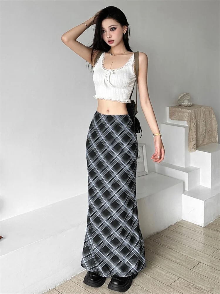 , Y2K skirt styled with a crop top