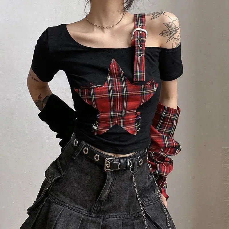 Grunge Plaid Star Patch Top – MAUVSTUDIO®