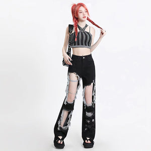 Grunge Ripped Wide Leg Jeans-MAUV STUDIO