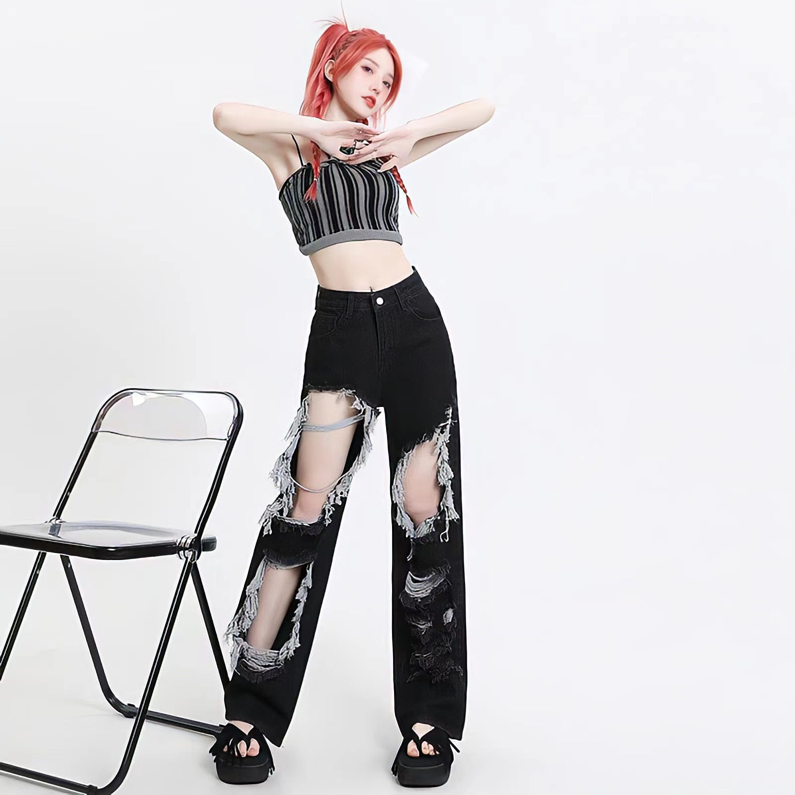 Grunge Ripped Wide Leg Jeans-MAUV STUDIO