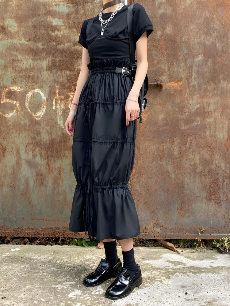 Grunge Ruched Midi Skirt, Y2K skirt styled with a crop top