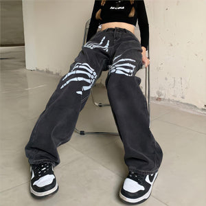 Grunge Skeleton Hand Printed Jeans-MAUV STUDIO