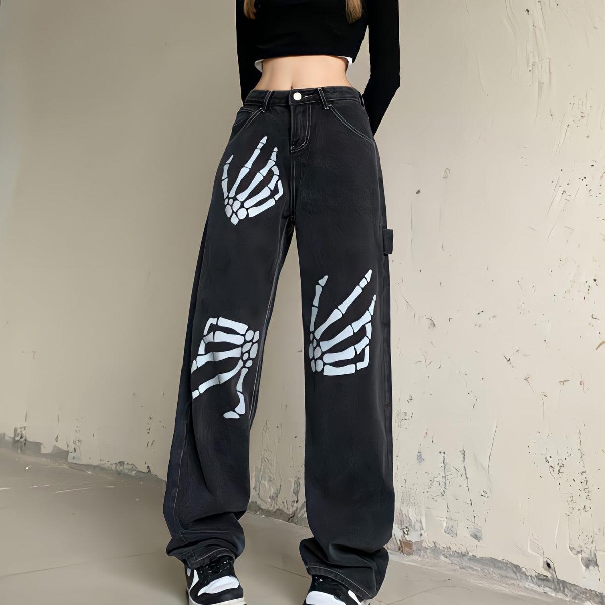 Grunge Skeleton Hand Printed Jeans-Black-S-MAUV STUDIO