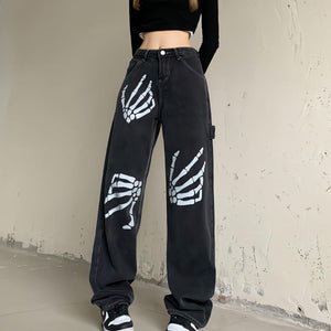 Grunge Skeleton Hand Printed Jeans-Black-S-MAUV STUDIO