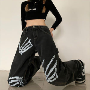 Grunge Skeleton Hand Printed Jeans-MAUV STUDIO