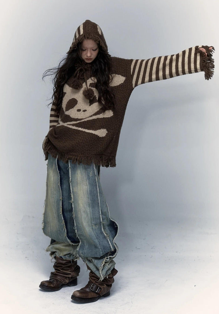 Grunge Tasseled Hooded Sweater-Brown-S-Mauv Studio