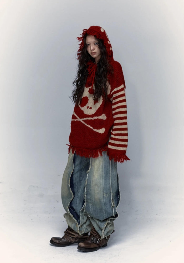 Grunge Tasseled Hooded Sweater-Red-S-Mauv Studio
