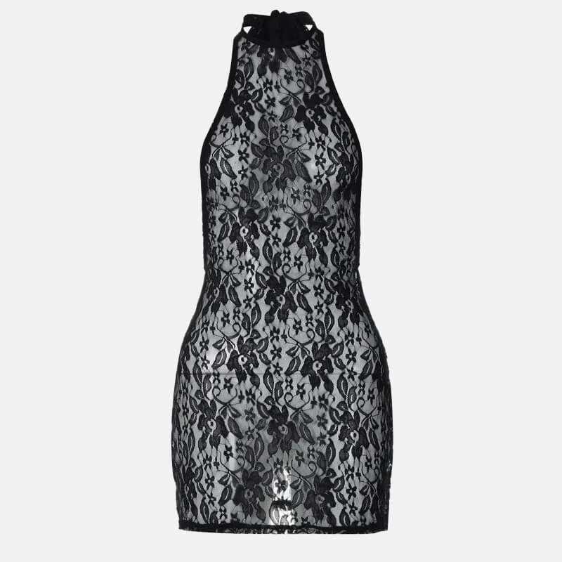 Halter Neck Sheer Lace Dress view 4 | MAUVSTUDIO®