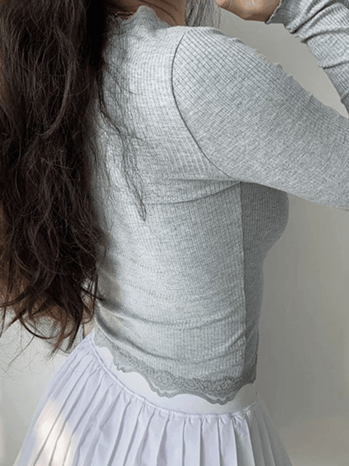 Haut court en tricot boutonné à bordure en dentelle-Cardigan-MAUV STUDIO-STREETWEAR-Y2K-CLOTHING
