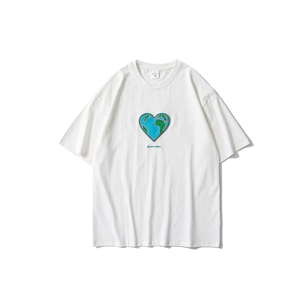 Heart Earth Embroidered Tee-T-Shirts-MAUV STUDIO-STREETWEAR-Y2K-CLOTHING