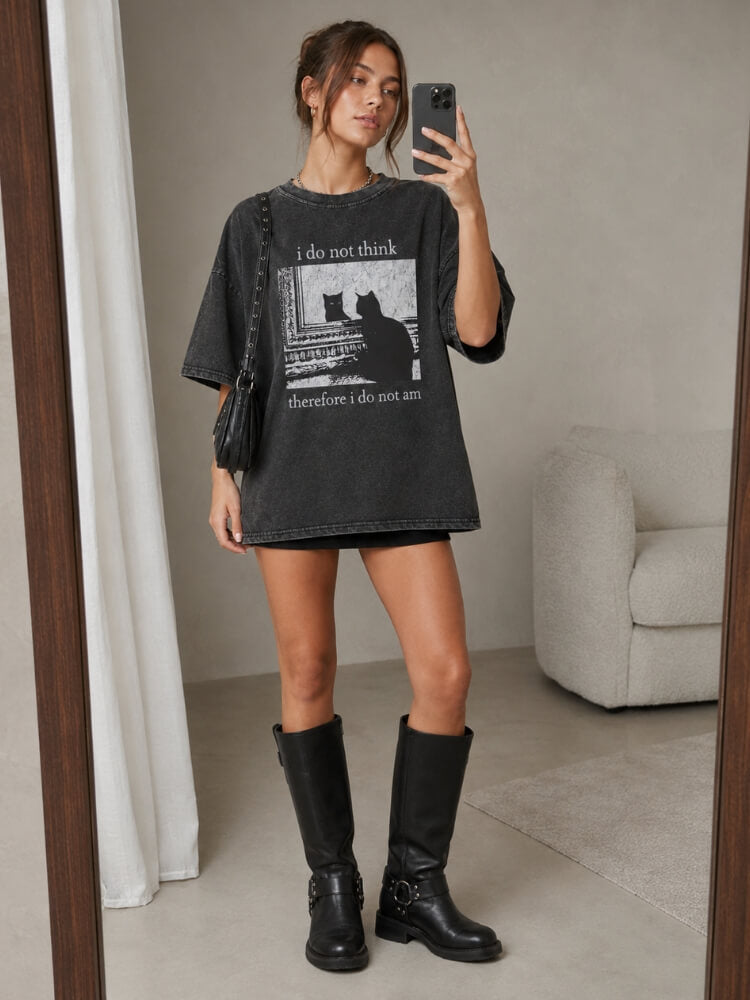 I Do Not Think Tee with printed graphic, Y2K graphic tee styled with low rise bottoms