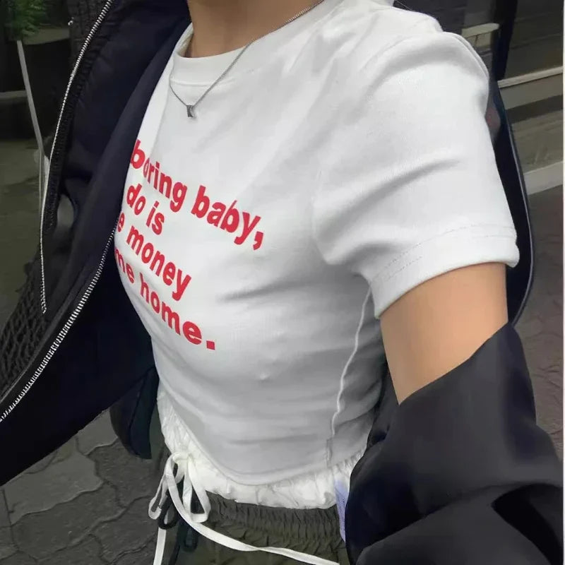 I'm Boring Baby Tee with cropped cut, Y2K baby tee styled with low rise bottoms