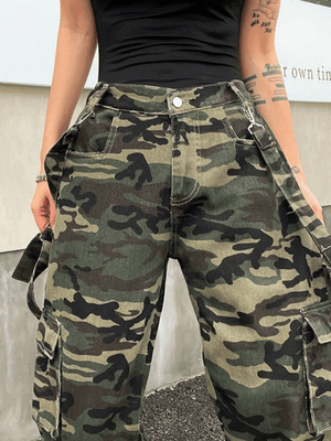 Jean Cargo Camo Baggy à Bretelles Détachables-MAUV STUDIO