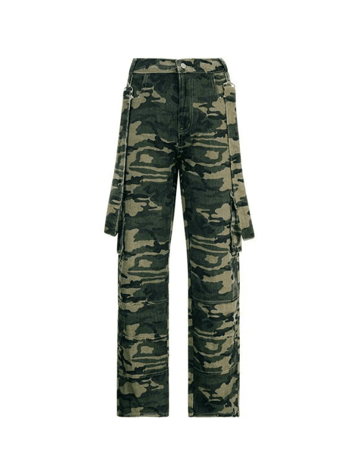 Jean Cargo Camo Baggy à Bretelles Détachables-MAUV STUDIO