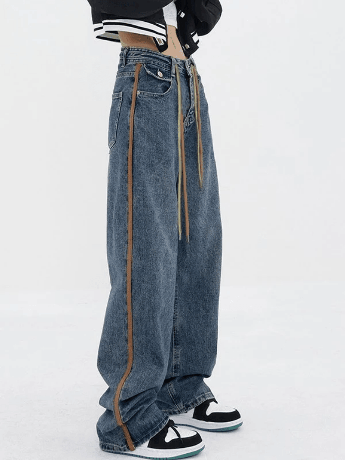 Jean boyfriend à cordon de serrage et rayures latérales-Jeans-MAUV STUDIO-STREETWEAR-Y2K-CLOTHING