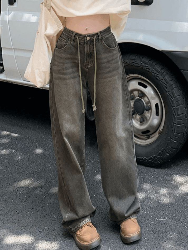 Jean boyfriend bouffant vintage à bretelles à nouer-Jeans-MAUV STUDIO-STREETWEAR-Y2K-CLOTHING
