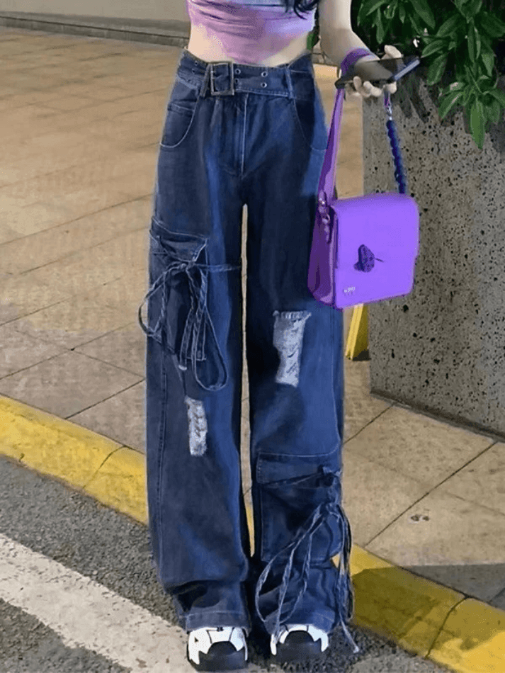 Jean boyfriend déchiré avec ceinture à nouer-Jeans-MAUV STUDIO-STREETWEAR-Y2K-CLOTHING