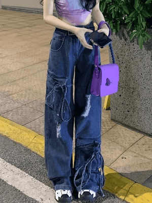 Jean boyfriend déchiré avec ceinture à nouer-Jeans-MAUV STUDIO-STREETWEAR-Y2K-CLOTHING