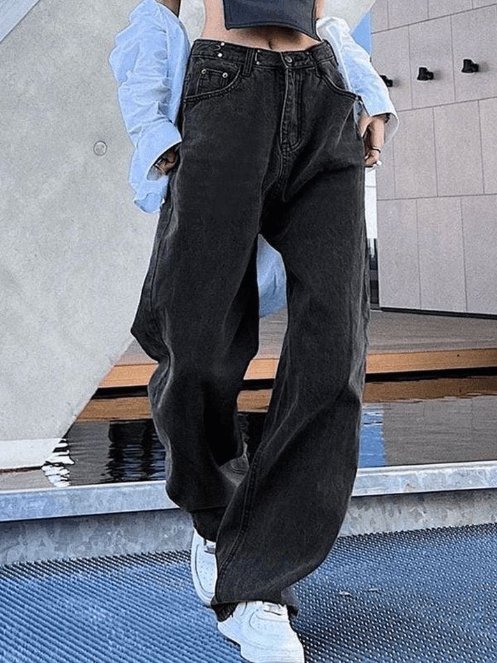 Jean boyfriend délavé foncé Y2K-Jeans-MAUV STUDIO-STREETWEAR-Y2K-CLOTHING