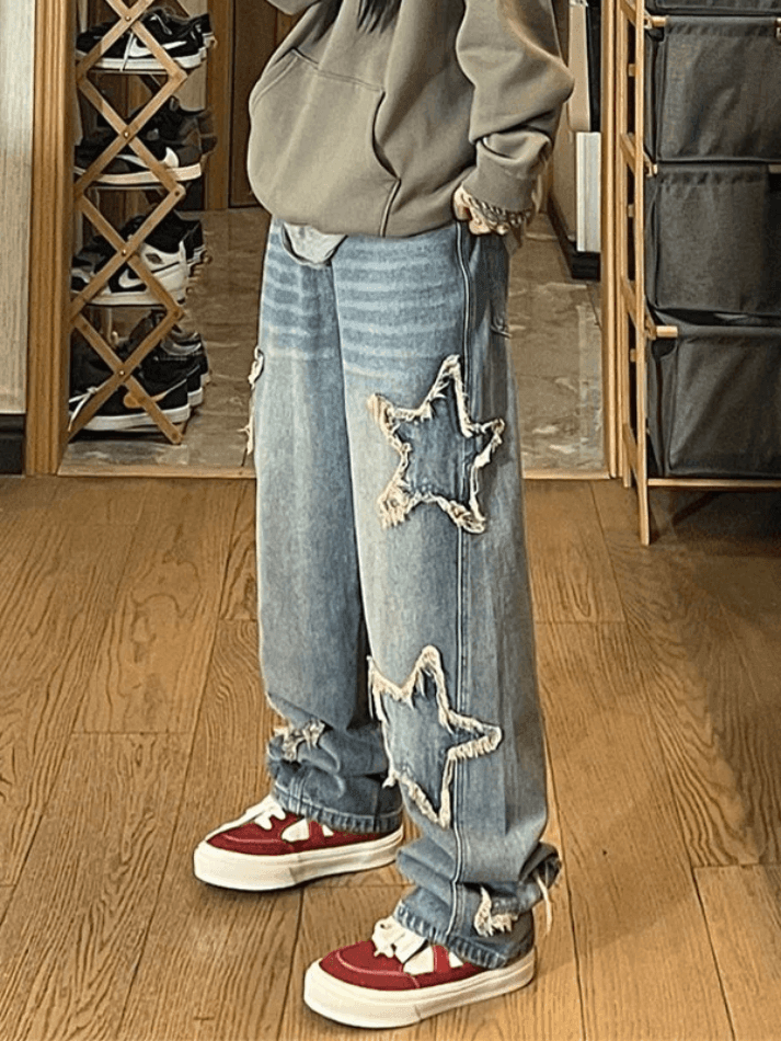 Jean boyfriend délavé vintage avec écusson étoile-Jeans-MAUV STUDIO-STREETWEAR-Y2K-CLOTHING