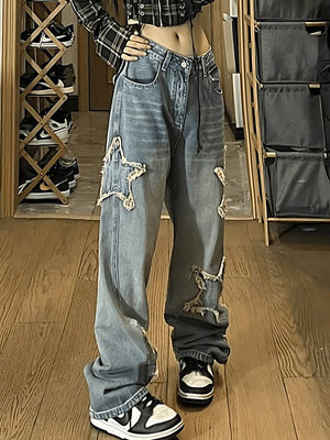 Jean boyfriend délavé vintage avec écusson étoile