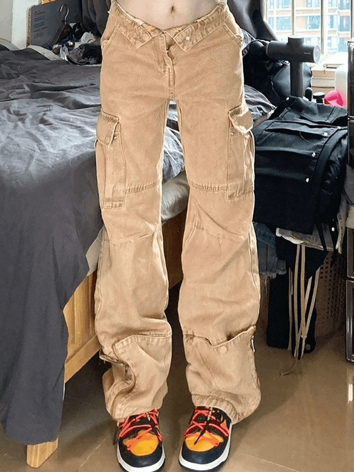 Jean boyfriend délavé vintage avec fermeture éclair-Khaki-S-MAUV STUDIO