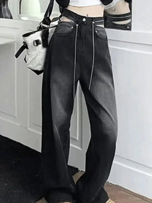 Jean boyfriend noir délavé à découpes-Jeans-MAUV STUDIO-STREETWEAR-Y2K-CLOTHING