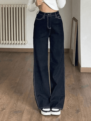 Jean boyfriend taille haute cousu-Blue-S-MAUV STUDIO