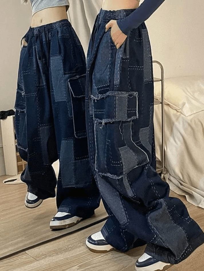 Jean cargo baggy à carreaux bleu vintage-Cargos-MAUV STUDIO-STREETWEAR-Y2K-CLOTHING