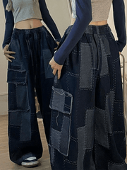 Jean cargo baggy à carreaux bleu vintage-Cargos-MAUV STUDIO-STREETWEAR-Y2K-CLOTHING