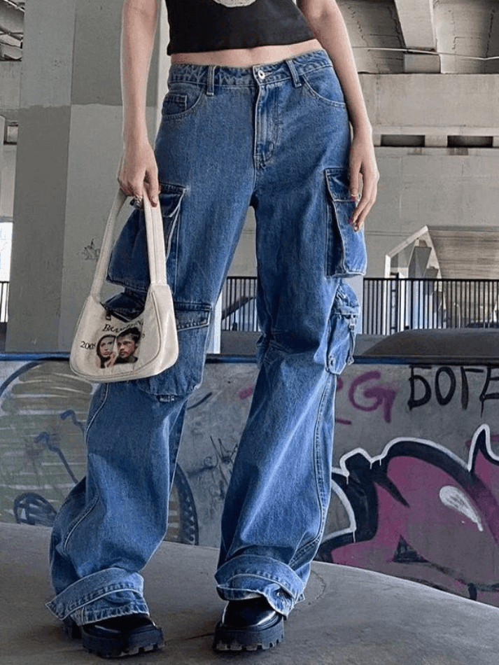Jean cargo baggy à poches délavées vintage-Blue-M-MAUV STUDIO