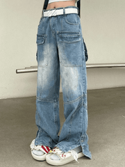 Jean cargo bleu fendu à boutons-Cargos-MAUV STUDIO-STREETWEAR-Y2K-CLOTHING
