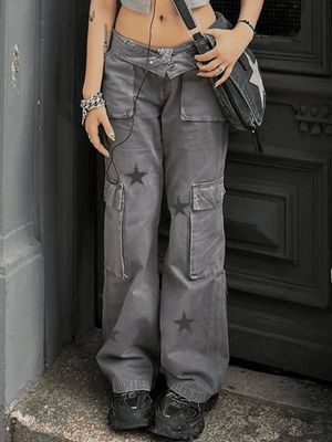 Jean cargo coupe boyfriend à imprimé étoiles vintage-Gray-S-MAUV STUDIO