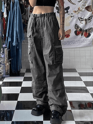 Jean cargo délavé à boucle graphique-Cargos-MAUV STUDIO-STREETWEAR-Y2K-CLOTHING