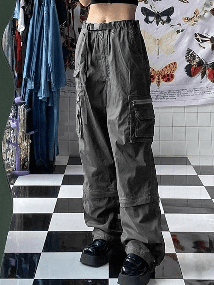 Jean cargo délavé à boucle graphique-Cargos-MAUV STUDIO-STREETWEAR-Y2K-CLOTHING