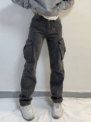 Jean cargo délavé à taille moyenne avec poche-Cargos-MAUV STUDIO-STREETWEAR-Y2K-CLOTHING
