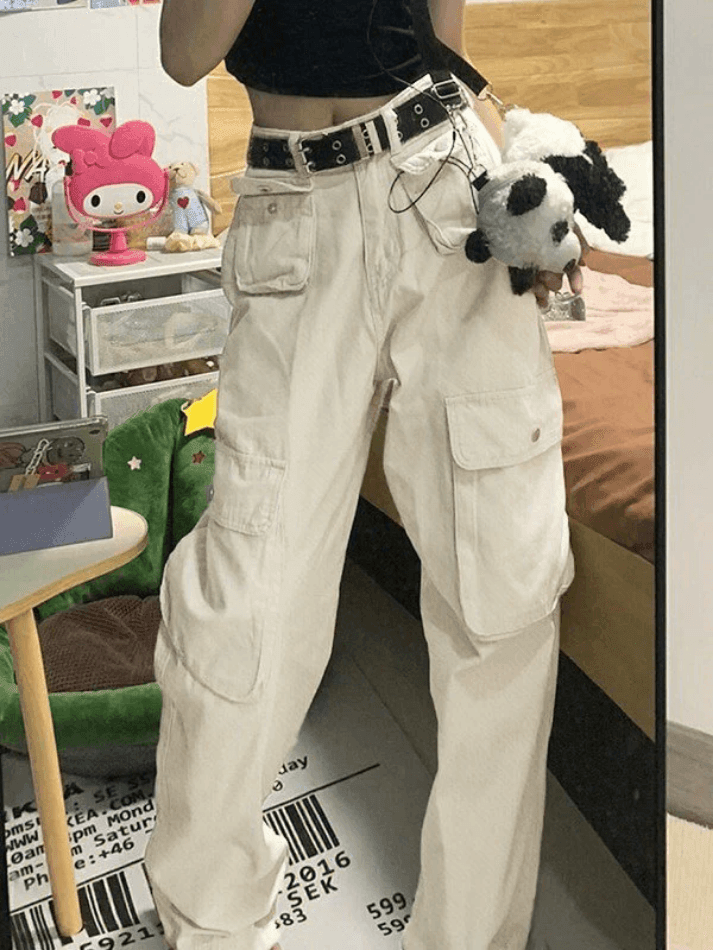 Pantalon Cargo Femme Taille Haute - Coupe Baggy Large - Élastique Avec Cordon - Style Y2K Streetwear - Poches Multiples - 3