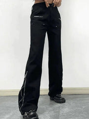 Jean cargo évasé à la cheville noir à fermeture éclair-Jeans-MAUV STUDIO-STREETWEAR-Y2K-CLOTHING
