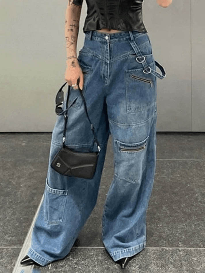 Jean cargo patchwork bleu délavé baggy-Jeans-MAUV STUDIO-STREETWEAR-Y2K-CLOTHING