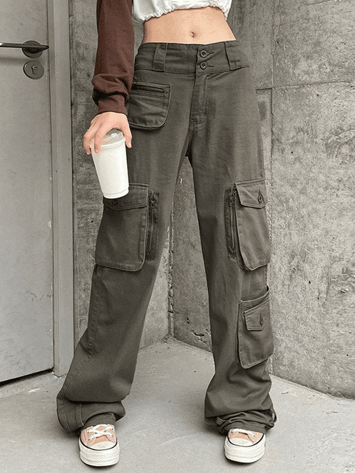 Pantalon Cargo Femme Taille Haute - Coupe Baggy Large - Élastique Avec Cordon - Style Y2K Streetwear - Poches Multiples - 7