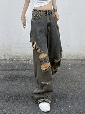 Jean déchiré en denim délavé-Jeans-MAUV STUDIO-STREETWEAR-Y2K-CLOTHING