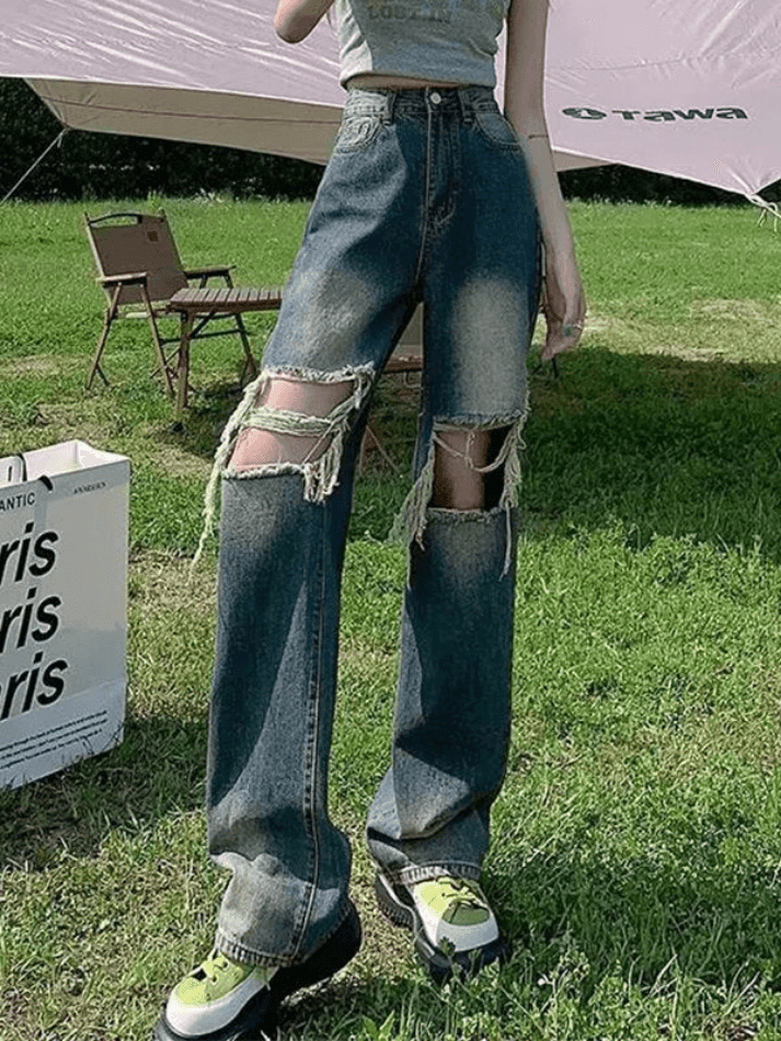 Jean droit délavé déchiré aux genoux-Jeans-MAUV STUDIO-STREETWEAR-Y2K-CLOTHING